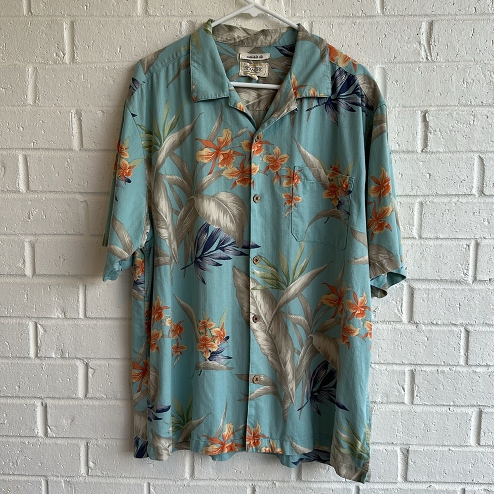 Islander Men's Short Sleeve Washable Silk Button Down Shirt Aqua/Orange print XL